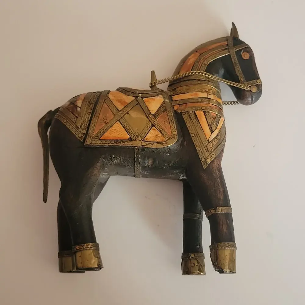 Vintage Carved Wood with Hammered Brass & Stone Inlay Armored War Horse Figure